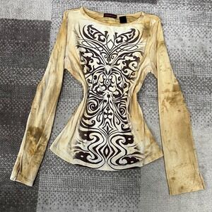 Misdemeanor Womens Y2K Tribal Graphic Long Sleeve Top Tan Brown Grunge Size M
